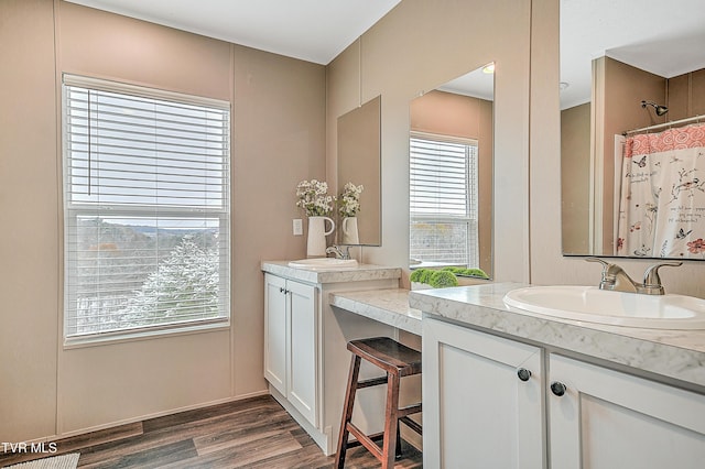 bathroom with vanity, wood-type flooring, and a shower with shower curtain