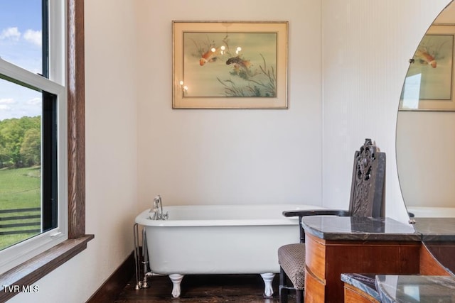 bathroom with hardwood / wood-style flooring and a tub to relax in