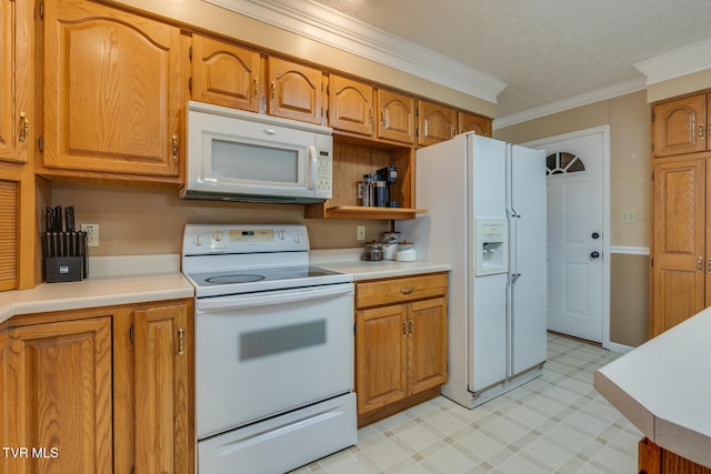 kitchen with white appliances, light countertops, ornamental molding, light floors, and brown cabinetry