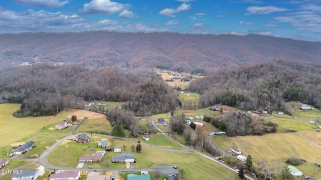 bird's eye view featuring a wooded view and a rural view