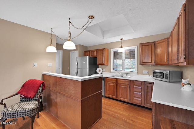 kitchen featuring appliances with stainless steel finishes, light hardwood / wood-style flooring, hanging light fixtures, and sink