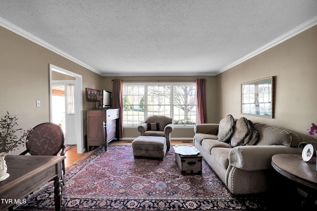 living room featuring a textured ceiling, wood-type flooring, and ornamental molding