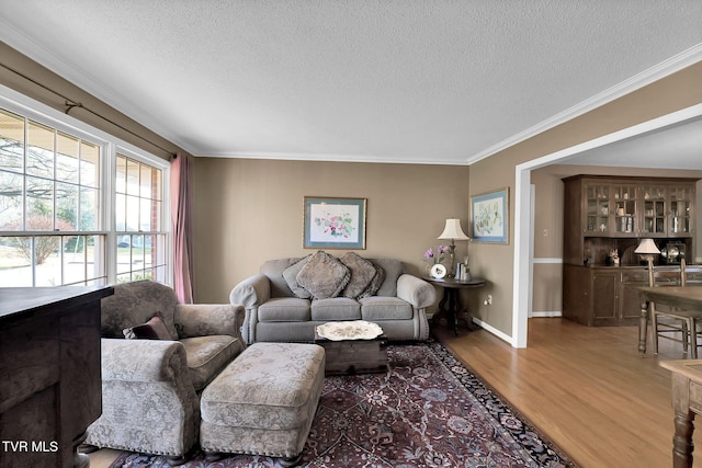 living room with wood-type flooring, a textured ceiling, and ornamental molding