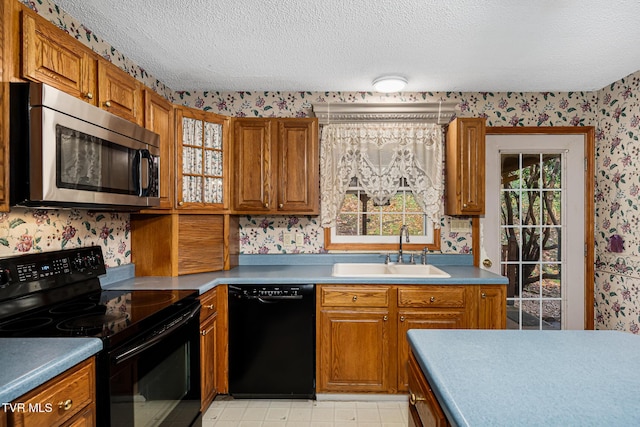 kitchen with a textured ceiling, sink, plenty of natural light, and black appliances