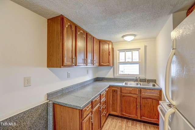 kitchen featuring a textured ceiling, white appliances, light hardwood / wood-style flooring, and sink