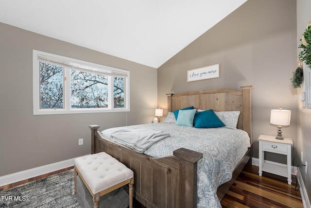 bedroom with dark hardwood / wood-style flooring and high vaulted ceiling