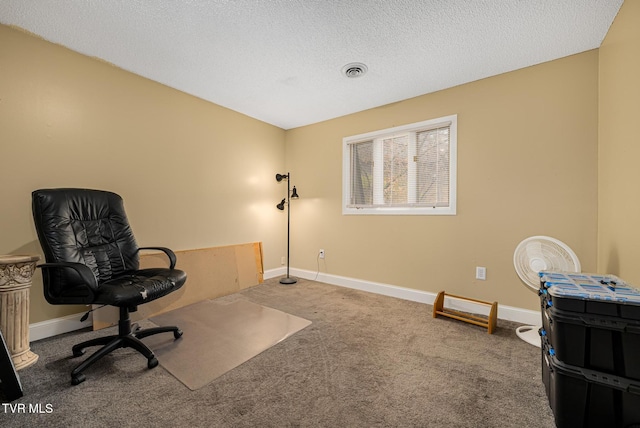 living area featuring carpet and a textured ceiling