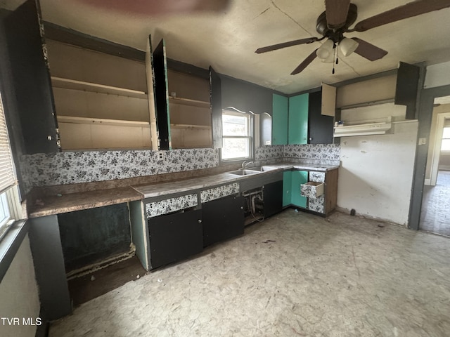 kitchen with backsplash, ceiling fan, and sink