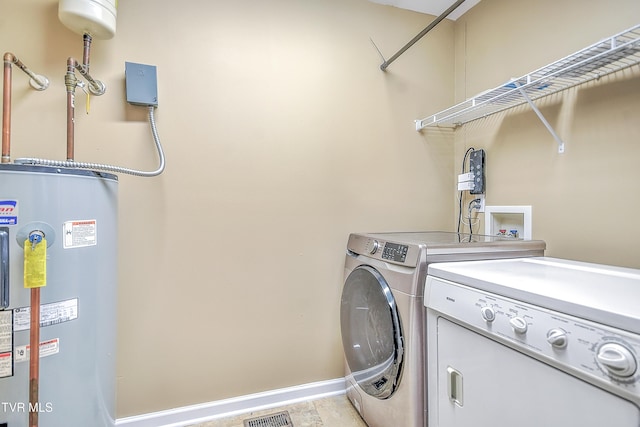 washroom featuring washing machine and clothes dryer and electric water heater