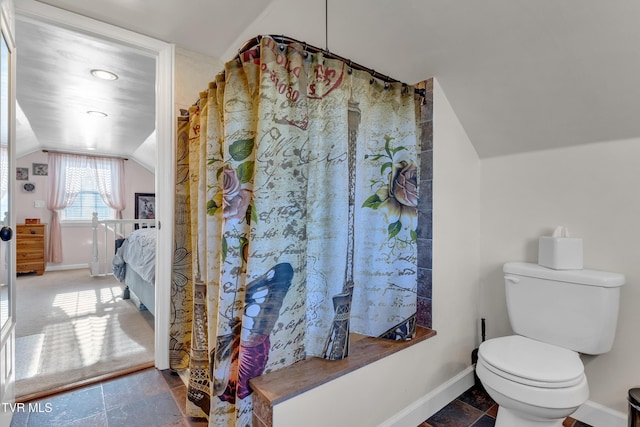 bathroom with toilet and lofted ceiling