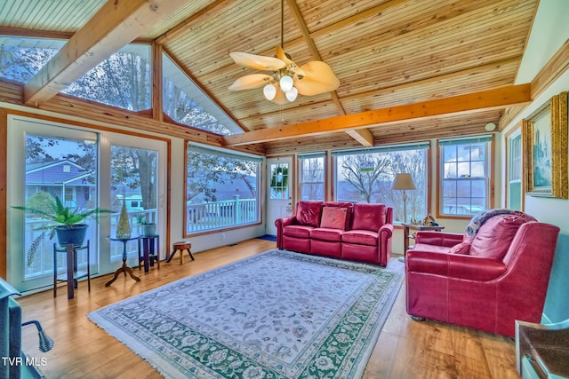 living room with beam ceiling, ceiling fan, high vaulted ceiling, and light hardwood / wood-style floors