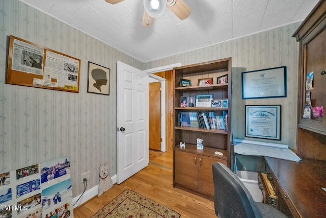 office area featuring ceiling fan and light hardwood / wood-style floors