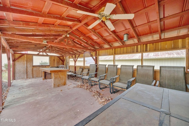 misc room featuring ceiling fan and vaulted ceiling