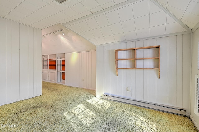 additional living space with wood walls, carpet floors, and a baseboard radiator