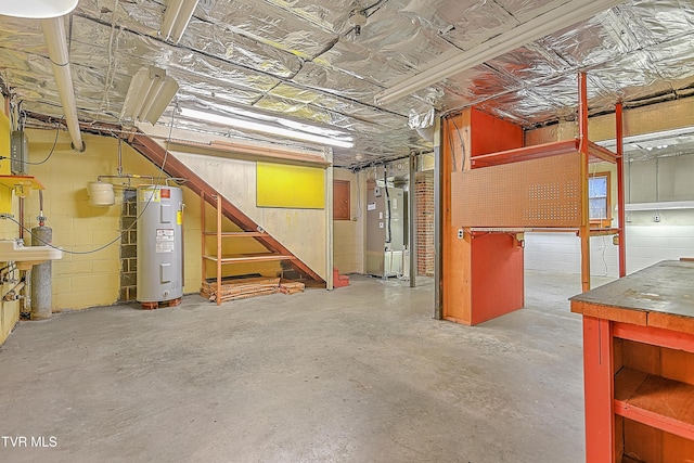 basement with heating unit and water heater