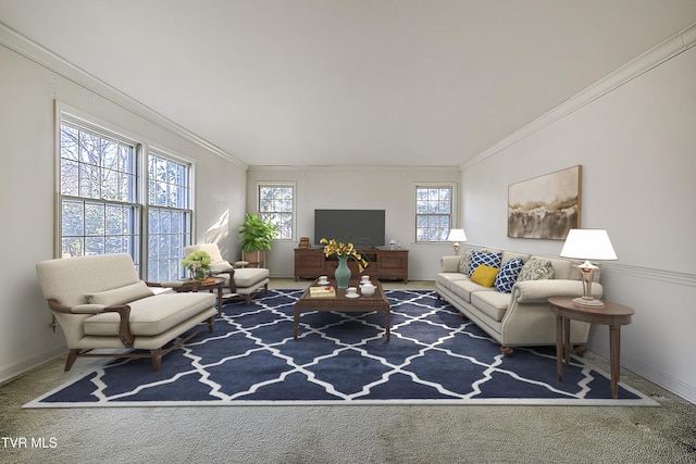 living room with ornamental molding and carpet floors