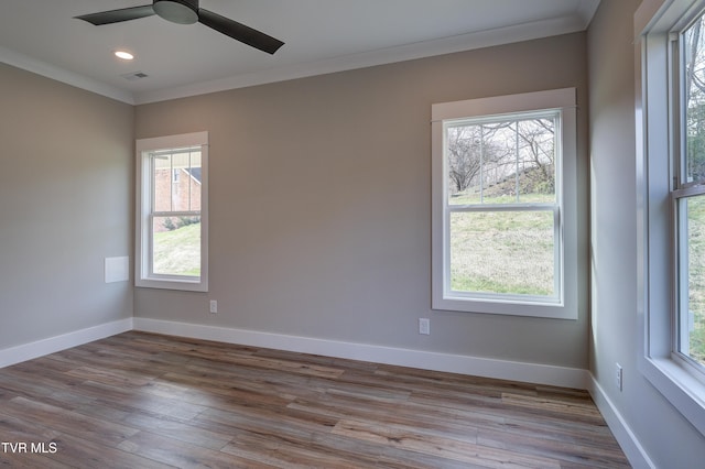 unfurnished room with light hardwood / wood-style flooring, plenty of natural light, and ornamental molding