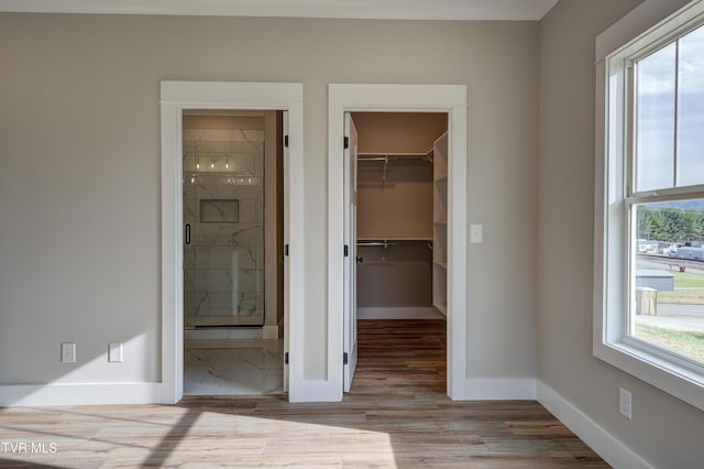 unfurnished bedroom featuring connected bathroom, a walk in closet, multiple windows, and light wood-type flooring