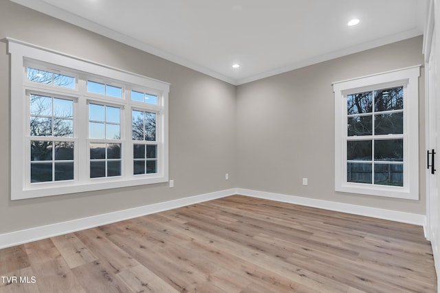 spare room featuring light hardwood / wood-style flooring and ornamental molding