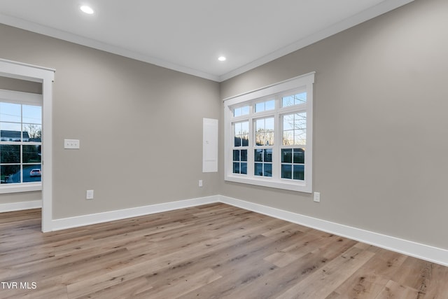 unfurnished room featuring light hardwood / wood-style floors and ornamental molding