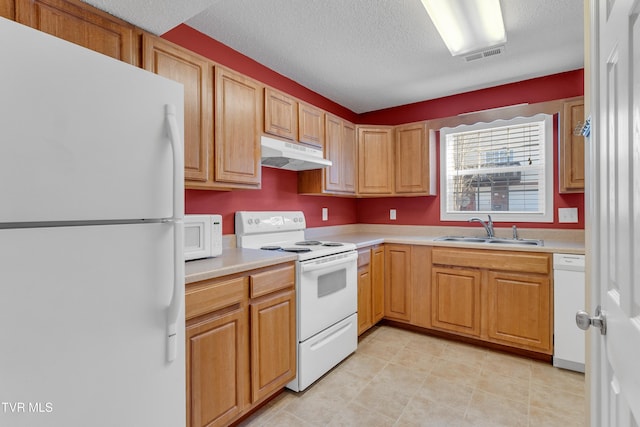 kitchen with a textured ceiling, white appliances, and sink