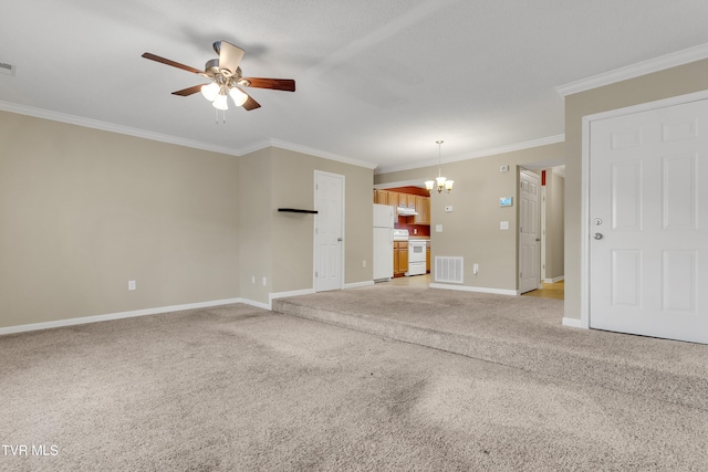 unfurnished living room with light carpet, ceiling fan with notable chandelier, and ornamental molding