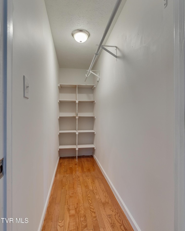 walk in closet with light wood finished floors