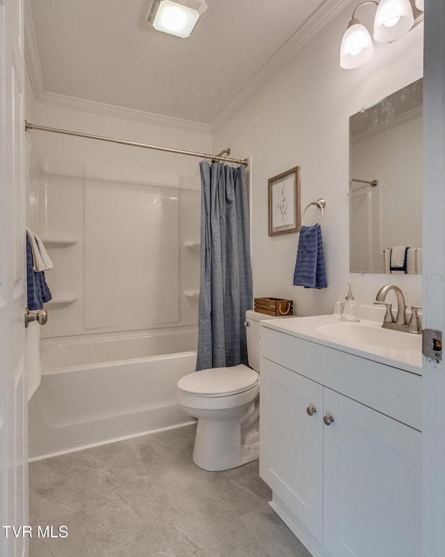 bathroom with toilet, visible vents, vanity, shower / tub combo with curtain, and crown molding