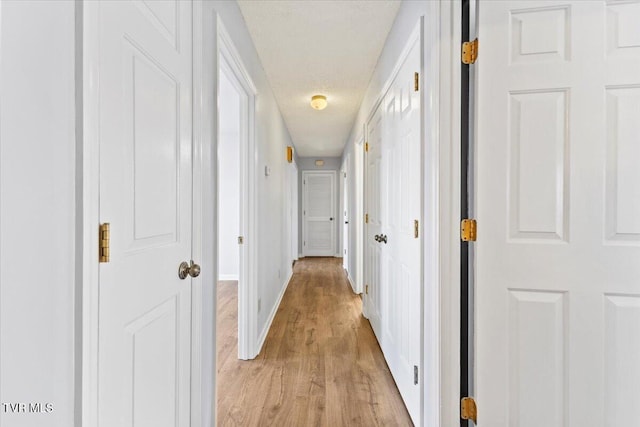 corridor featuring a textured ceiling and light hardwood / wood-style flooring