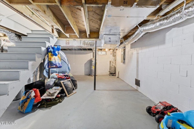 311 Dry Fork Rd, Del Rio, TN 37727 - unfinished basement featuring water heater, stairway, and electric panel