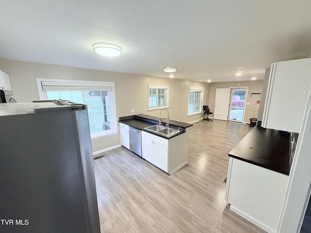 311 Dry Fork Rd, Del Rio, TN 37727 - kitchen featuring appliances with stainless steel finishes, dark countertops, light wood-style flooring, white cabinets, and a peninsula