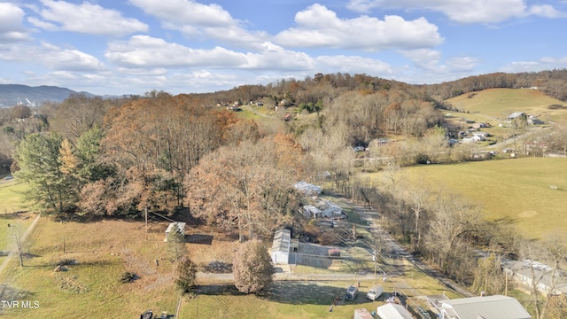 birds eye view of property featuring a mountain view and a rural view