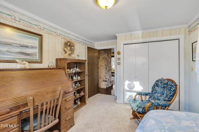 carpeted office with ornamental molding