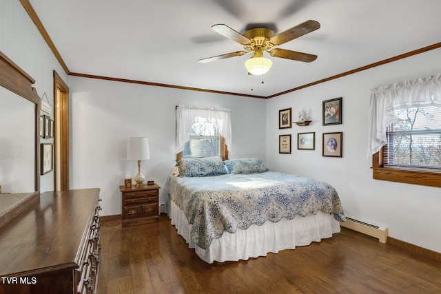 bedroom with baseboard heating, multiple windows, ceiling fan, and dark hardwood / wood-style flooring