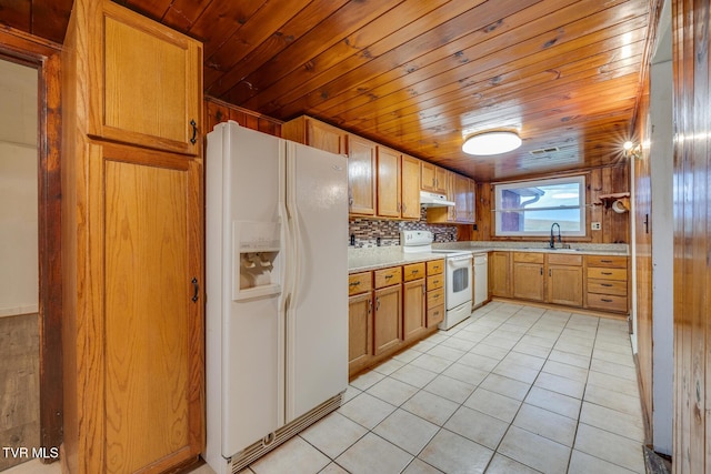 kitchen featuring light tile patterned flooring, white appliances, wood ceiling, and tasteful backsplash