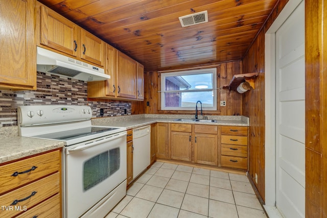 kitchen featuring sink, tasteful backsplash, white appliances, light tile patterned floors, and wood ceiling