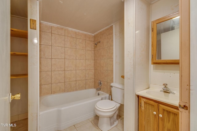 full bathroom featuring vanity, tile walls, tile patterned flooring, toilet, and tiled shower / bath