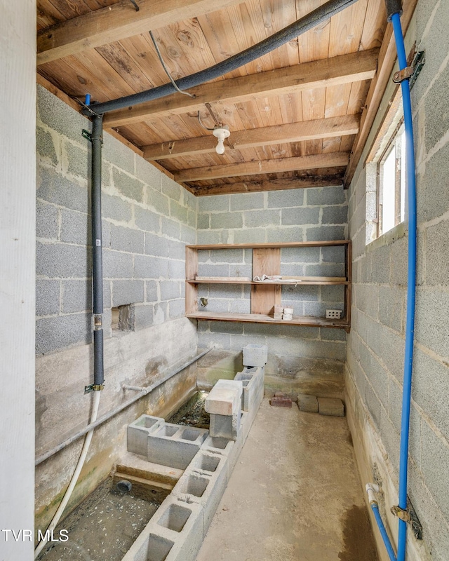 basement featuring wood ceiling