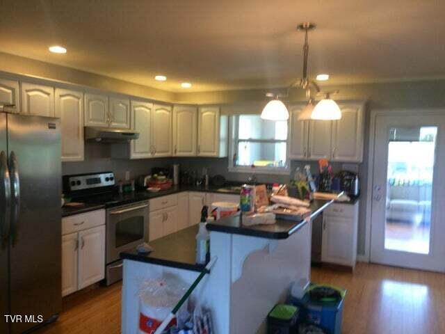 kitchen featuring white cabinets, plenty of natural light, stainless steel appliances, and hardwood / wood-style flooring