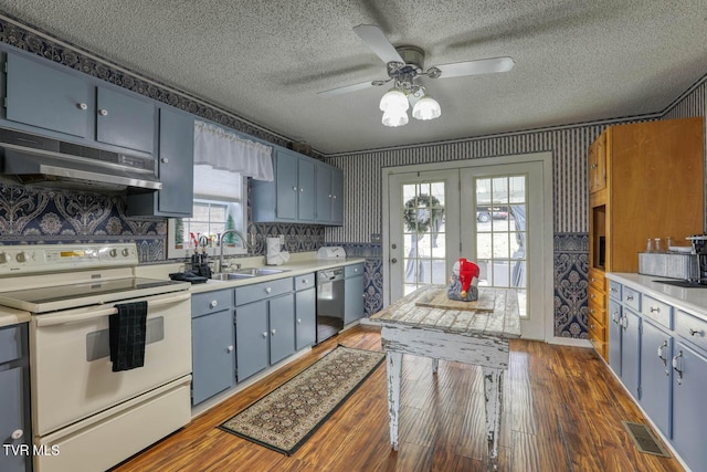 kitchen featuring french doors, sink, dark hardwood / wood-style flooring, stainless steel dishwasher, and white range with electric cooktop