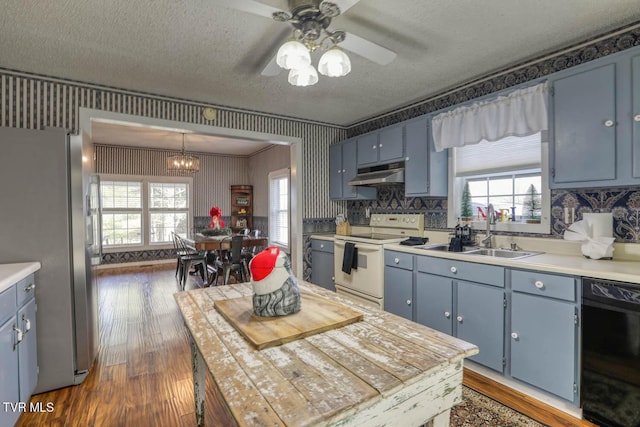 kitchen featuring dishwasher, electric stove, sink, stainless steel fridge, and dark hardwood / wood-style flooring