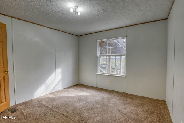 carpeted empty room featuring ornamental molding and a textured ceiling