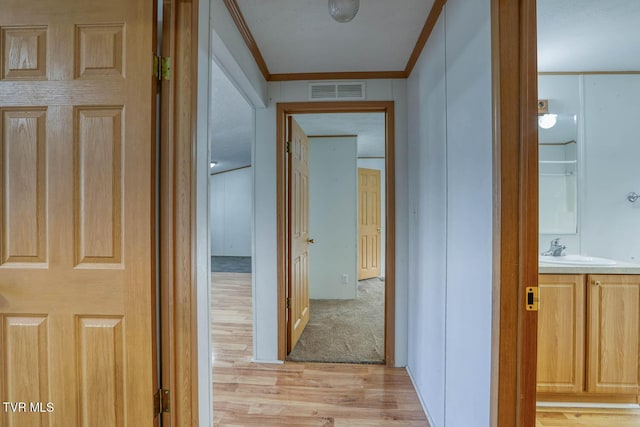 hall with crown molding, sink, and light wood-type flooring