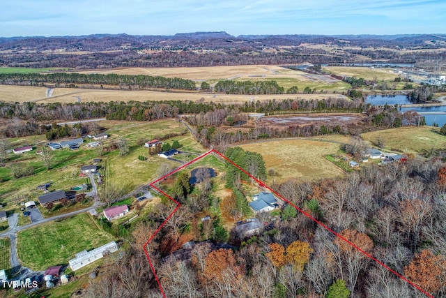 drone / aerial view with a rural view and a water view