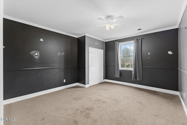 unfurnished bedroom featuring carpet flooring, ceiling fan, and ornamental molding