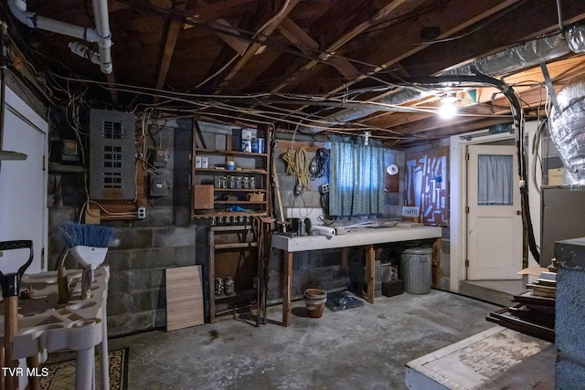 basement with a workshop area