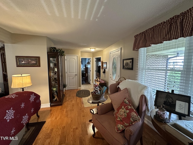 living area with light hardwood / wood-style flooring and a textured ceiling