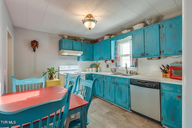 kitchen featuring blue cabinetry, electric range, dishwasher, and sink