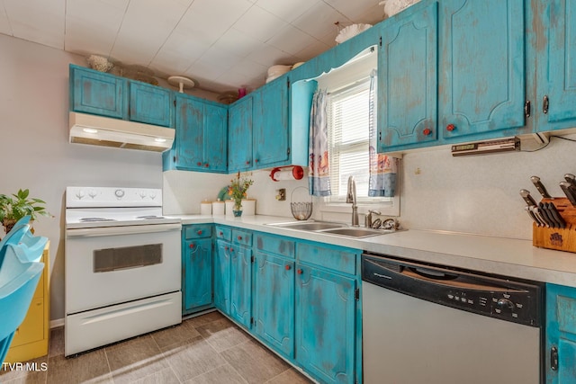 kitchen with blue cabinetry, dishwasher, white electric range oven, and sink