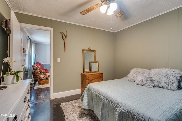 bedroom with ceiling fan, dark hardwood / wood-style flooring, and crown molding